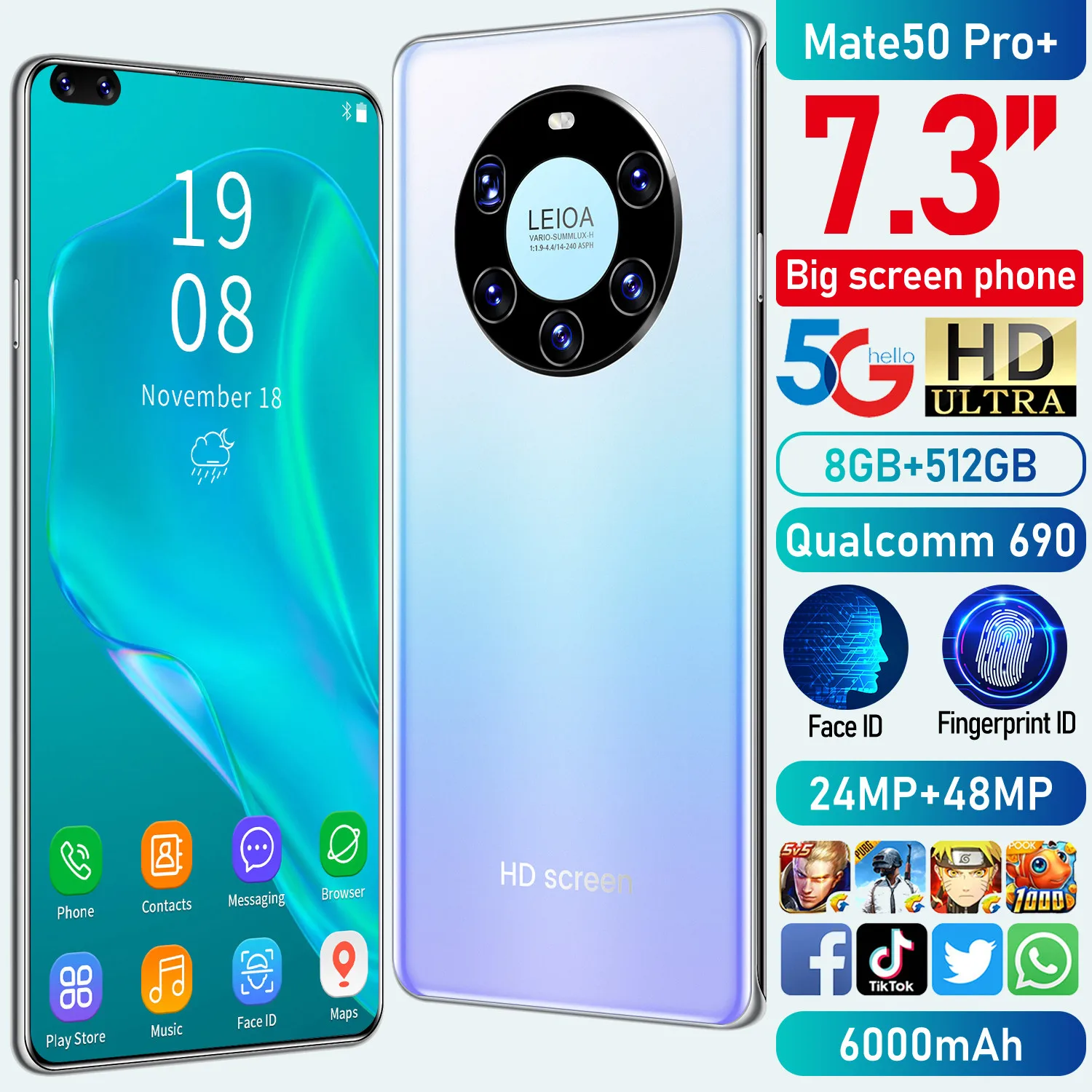 

Newest Mate50 Pro+ Smart Phone 8 512GB Memory Android 10.0 24+48MP Camera 7.3HD Screen 6000mAh Battery Face ID Unlock Dual SIM