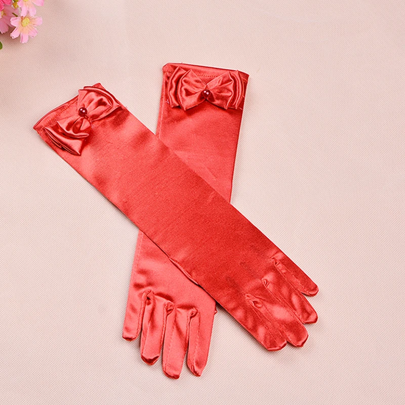 Стрейчевые атласные детские длинные перчатки с бантом женские летние
