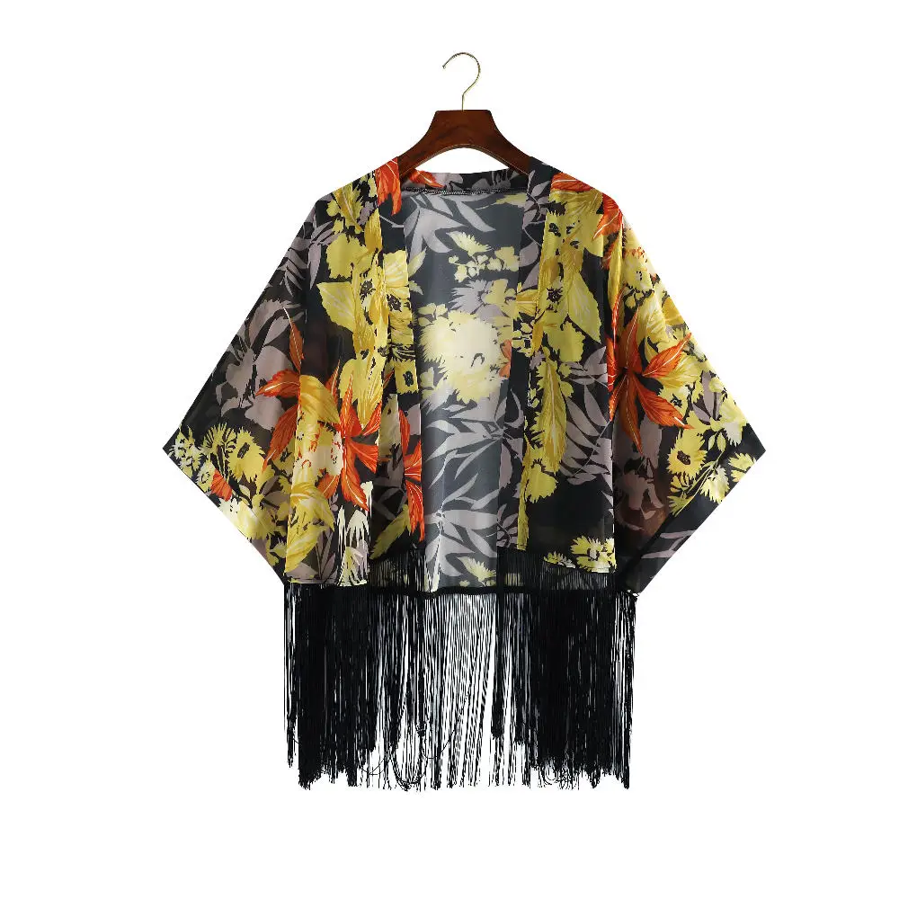 

2021 Vintage Printed Fringed Tunic Long Kimono Plus Size Sexy Beach Wear Summer Clothing For Women Tops and Blouses Shirts A799