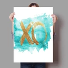 Акварельная картина с сердцем XO, постер, обнимающие и целуи, холст, картина, бирюзовая Настенная картина, домашний декор для гостиной, спальни