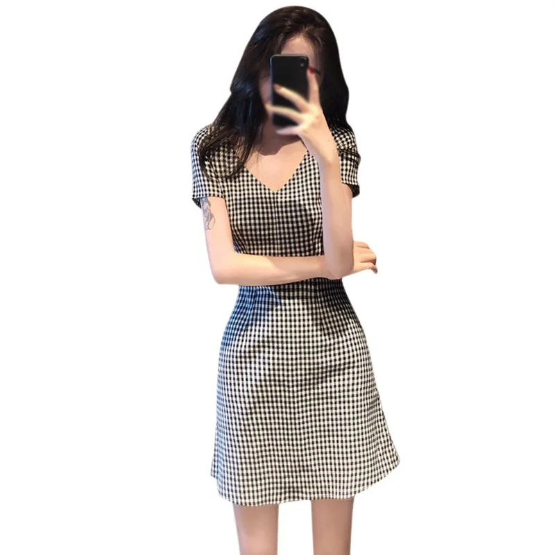 

Dress for Women 2021 Summer Fashion Retro Lady Style All-Match V-Neck Tighten Waist Plaid Print Mid-Length Skirt