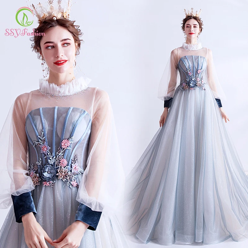 SSYFashion/Новое роскошное вечернее платье с длинным рукавом высокой горловиной и