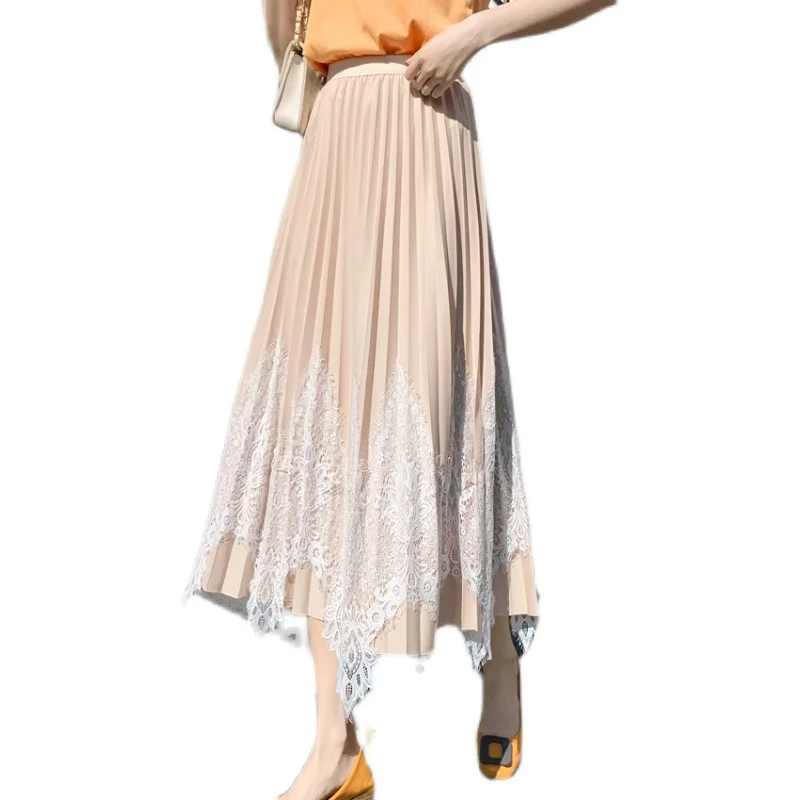 

Casual women's skirts 2021 spring new pleated niche lace stitching high waist slimming all-match a-line pleated skirt