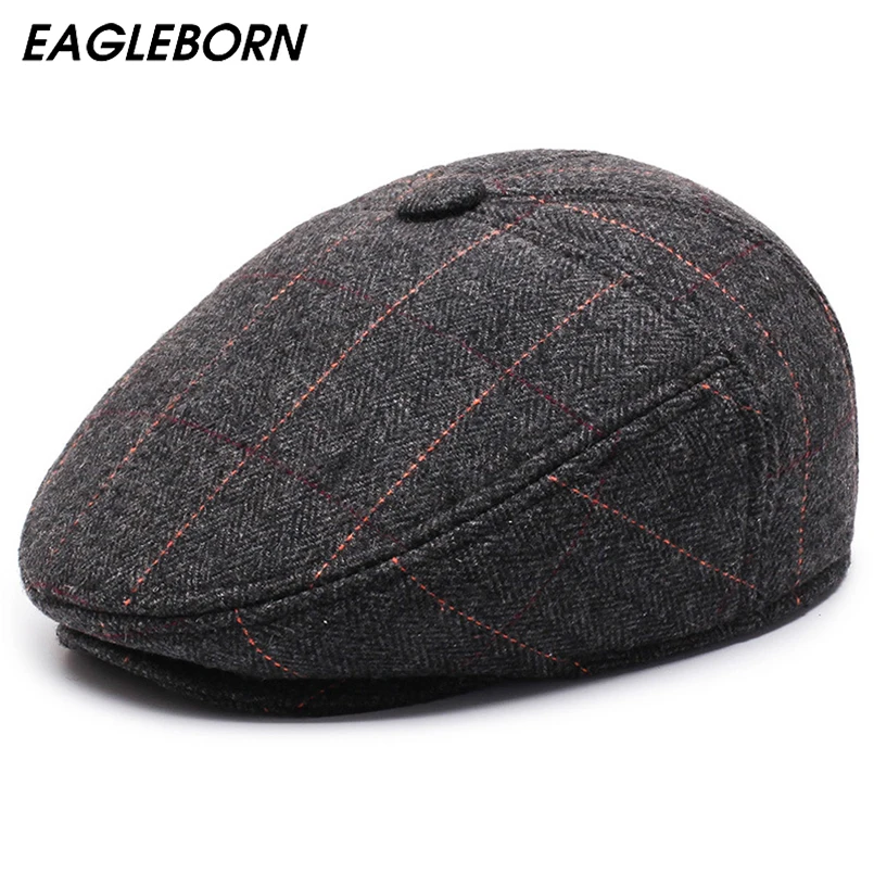 

High Quality Winter Hat Men Beret Classic Lattice Dad Hat Warm Ear Protection Middle-aged Elderly Thick Beret for Mens Big Cap