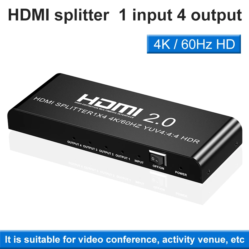 

HDMI2.0 splitter 1 input 4 output aluminum 4K@60Hz display monitor 1x4 HDMI splitter HDCP2.2 for 4kr Xbox PS4 screen splitter