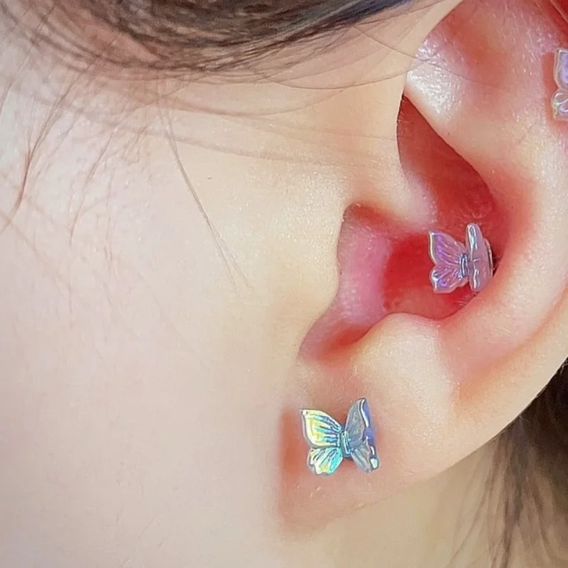 

Ins Fashion Fairy Stereo Aurora Color 3D Butterfly Stud Earrings Combination Small Simple Design Hypoallergenic MINI Earrings