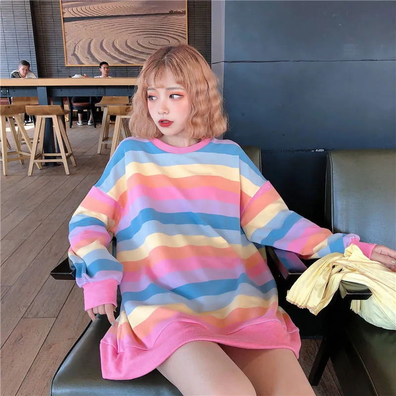 Милые осенние толстовки из хлопка в стиле Харадзюку Женская Радужная толстовка