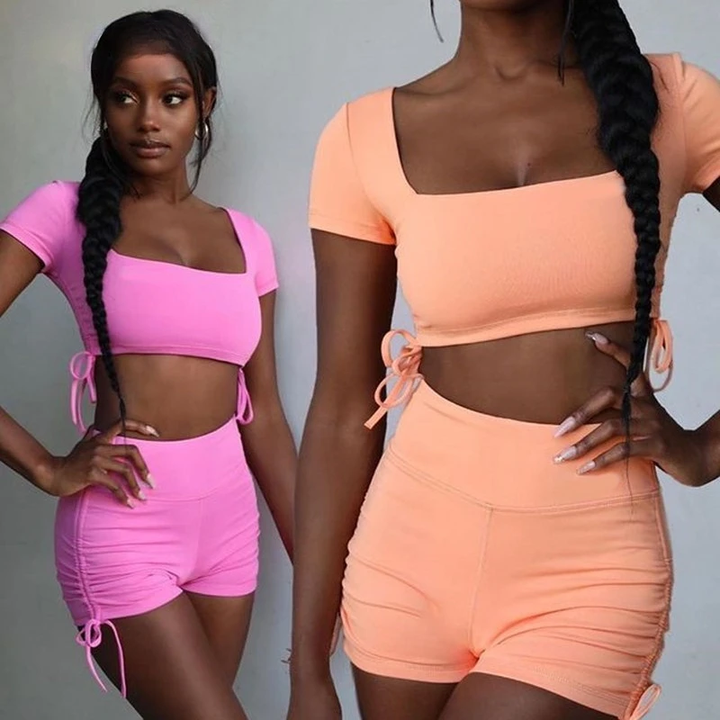 

2 Piece Seamless Shorts Sport Set Women Summer Square Collar Tee And Biker Shorts Outfits Femme Workout Tops Fitness Set