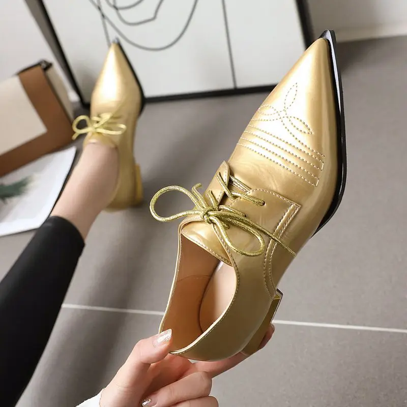 

AGODOR Square Low Heel Pumpd Lace Up Women Pumps Shoes Pointed Toe All Match Gold Pumps Shoes Elegant Pumps Size 33-48