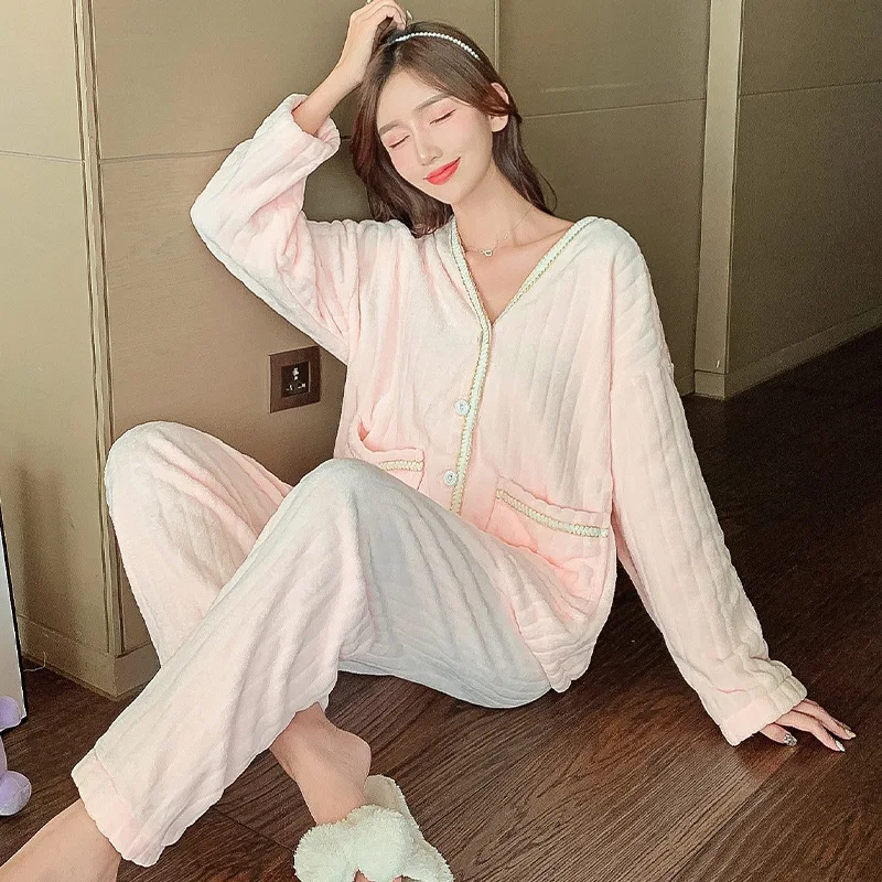 Fall and Winter Pajamas Flannel Suit 2 Piece Women Long Sleeve Sweet Wind Coral Fleece Home Women Loungewear  Sleepwear Women
