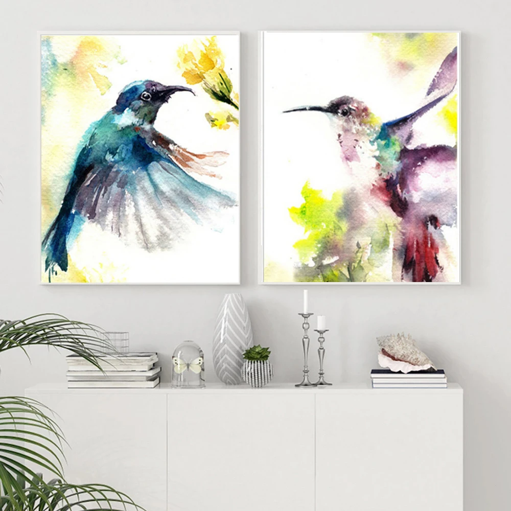 Акварельная картина с птицей Колибри - постеры и печати на холсте с изображением животных для детской комнаты и гостиной Cuadros on.