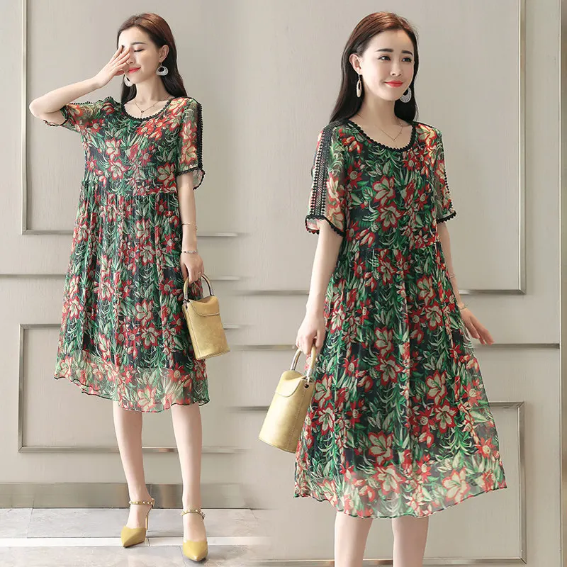 

2020 New Summer Women Clothes Fashion Imitation Silk Loose Floral Print Dress Female Plus Size 4XL A Line Dresses Vestidos L14