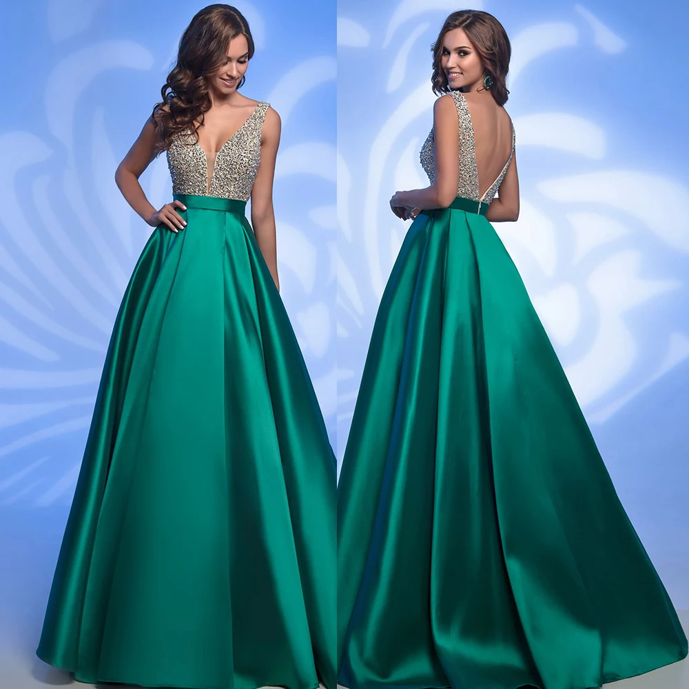 

Соблазнительные вечерние платья с бисером 2021, атласные вечерние платья-трапеции с глубоким V-образным вырезом, платье с открытой спиной для ...