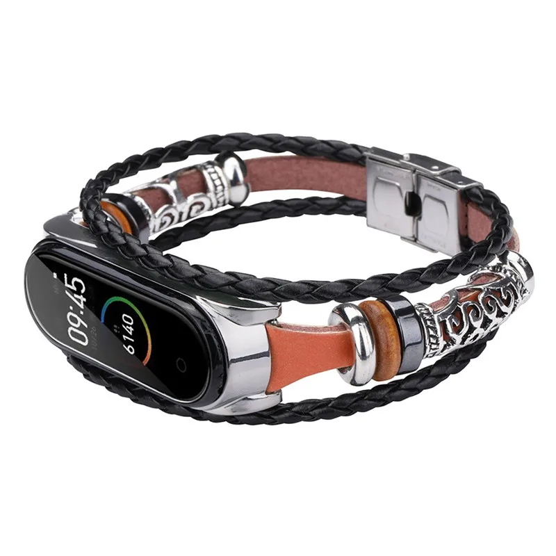 Смарт-аксессуары ремешок для Mi Band 4 Кожаный браслет с бисером металлический чехол