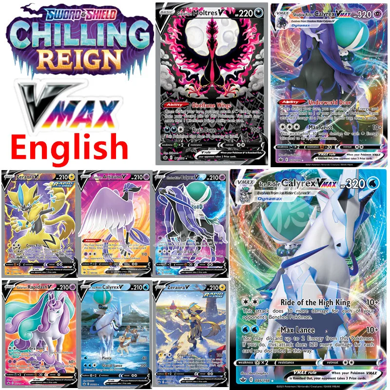 

NEW POKEMON Card 50Pcs VMAX English Zapdos TCG: SWORD & SHIELD CHILLING REIGN Calyrex VMAX Dynamax Cards Game Collectible Toys