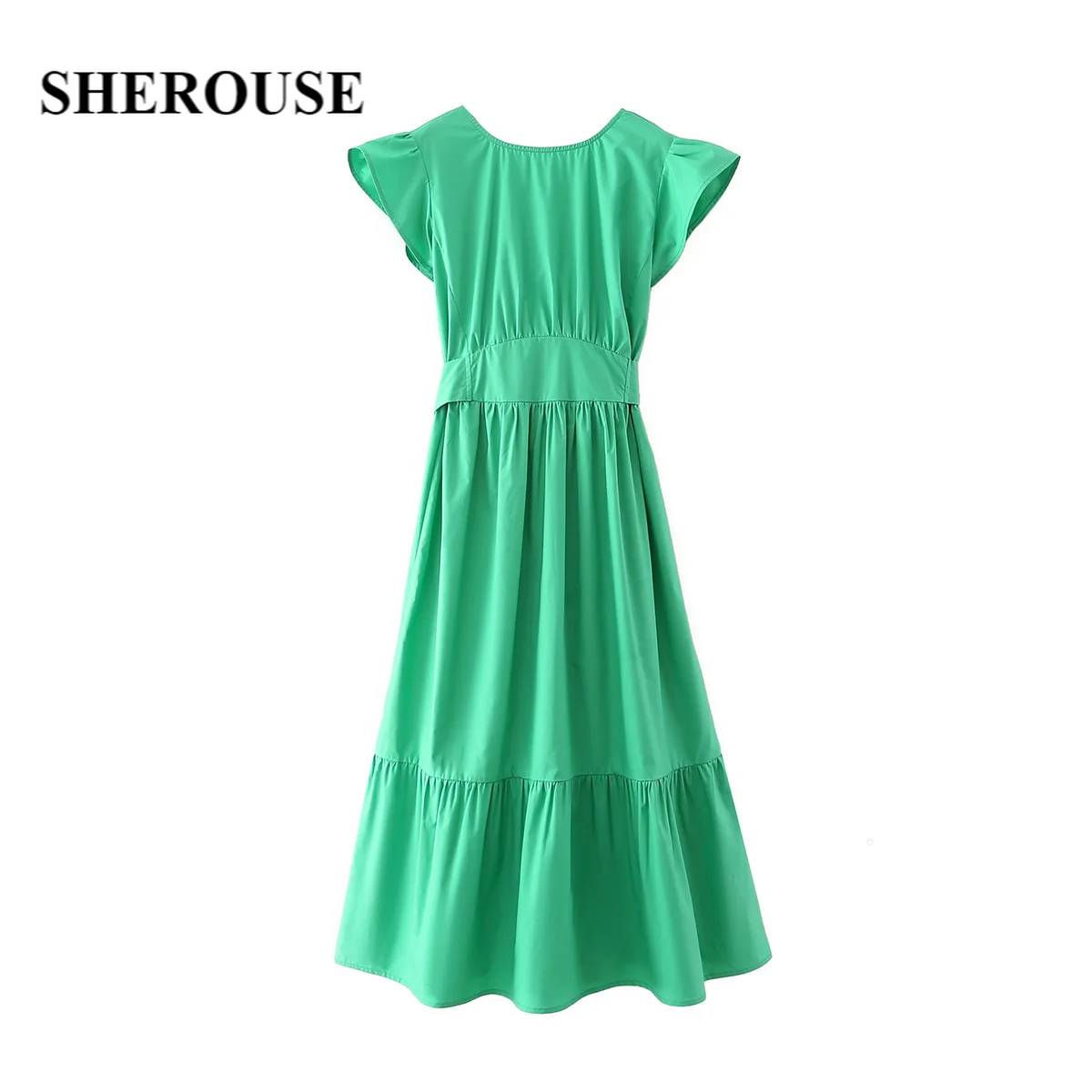 

Sherouse Women Fashion Green Pure Cotton Dress Backless with Bow Knot Ruffled Short Sleeves Elegant Lady Woman Midi Long Dress