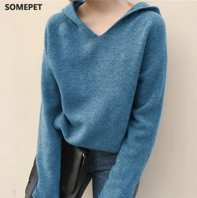 

Spring and autumn new solid hooded sweater women's V-neck loose knit pullover casual hooded sweater
