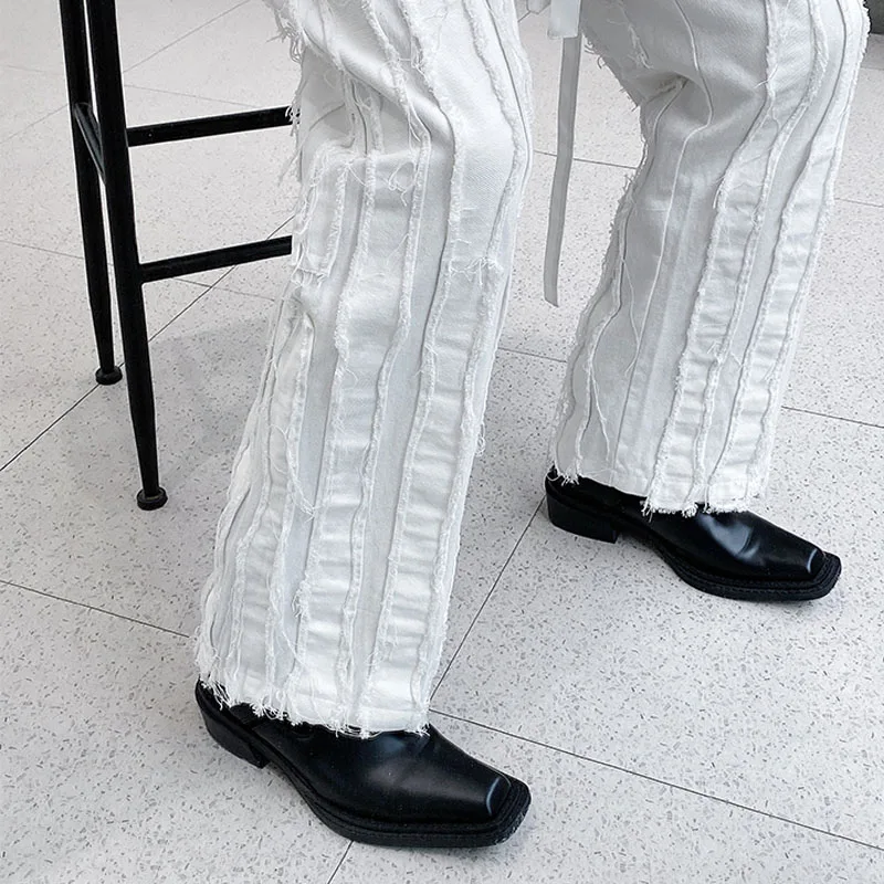 

Male Streetwear Hip Hop Gothic Black White Trousers Japan Harajuku Korea Pant Men Broken Edge Stripe Splice Casual Straight Pant