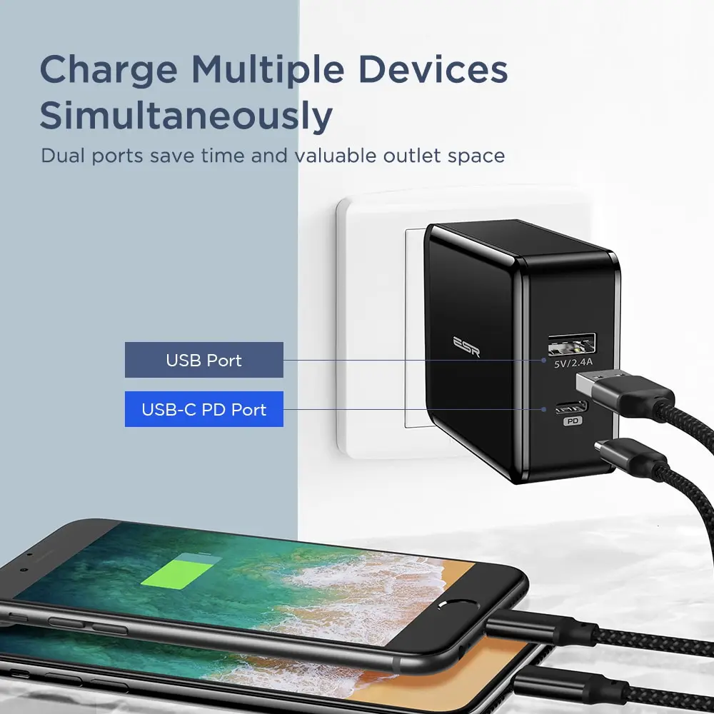 ESR USB C зарядное устройство 30 Вт двухпортовое зарядное устройство питания настенное зарядное устройство со складной вилкой PD 18 Вт порт для iPhone XS/XR/XS Max iPad