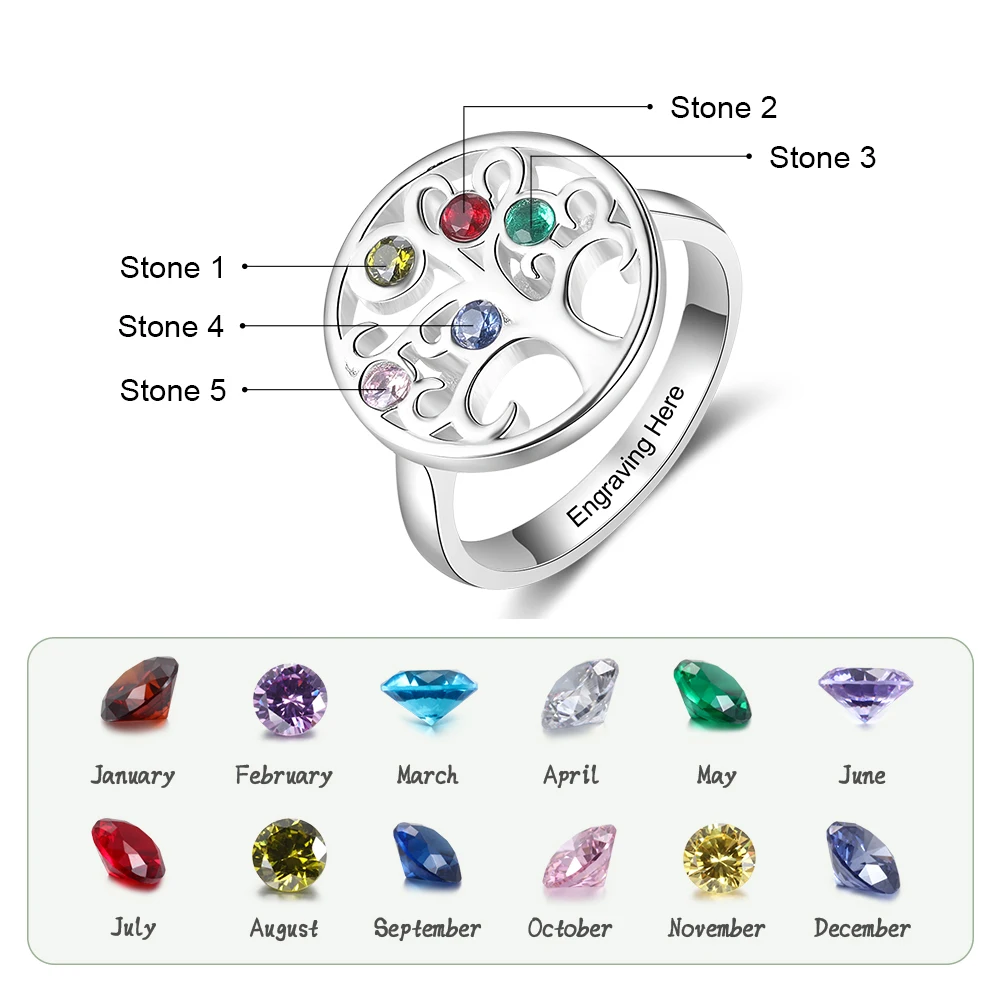 JewelOra персонализированные кольца Дерево жизни с 5 камнями рождения