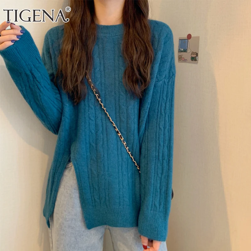 

TIGENA Oversized Women Winter Sweater 2021 Korean Casual Solid Side Slit Long Sleeve Knitted Pullover Female Outwear Jumper Tops