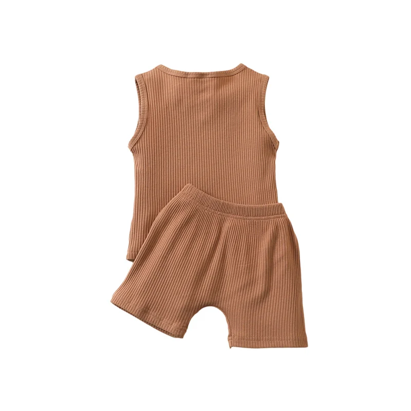

new summer Kid\u2019s Casual Vest and Shorts Suit Fresh Solid Color Button Sleeveless o-neck Tops and Bandage Short Pants