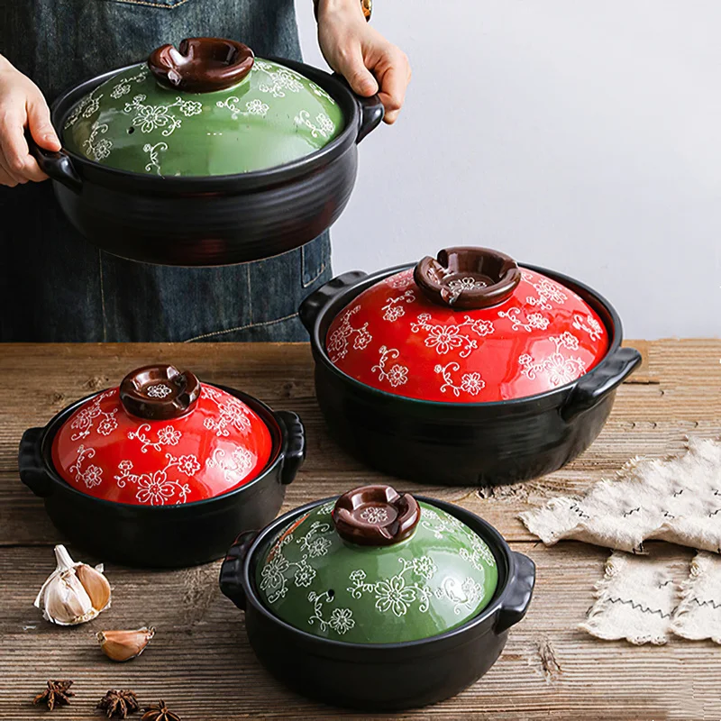 1L/2L Ceramic Casserole Korean Creative Red Cover Soup Pot Kitchen Supplies Home Cooking Pot Stew Pan Saucepan Cookware