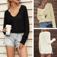 womens v neck strapless knitted sweater pure color casual loose knitted top fashion sweater spring and autumn club
