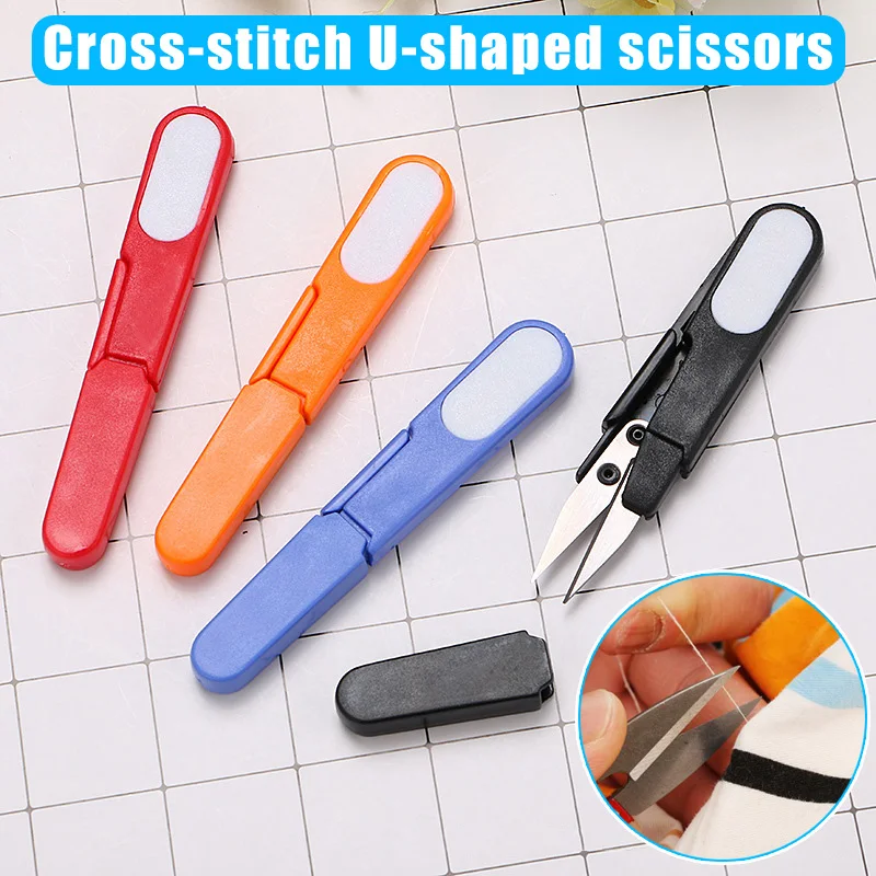 

4pcs Sewing Scissors U-Type Thread Cutter Scissors with Protective Cover for Cross Stitch DIY Projects XKW