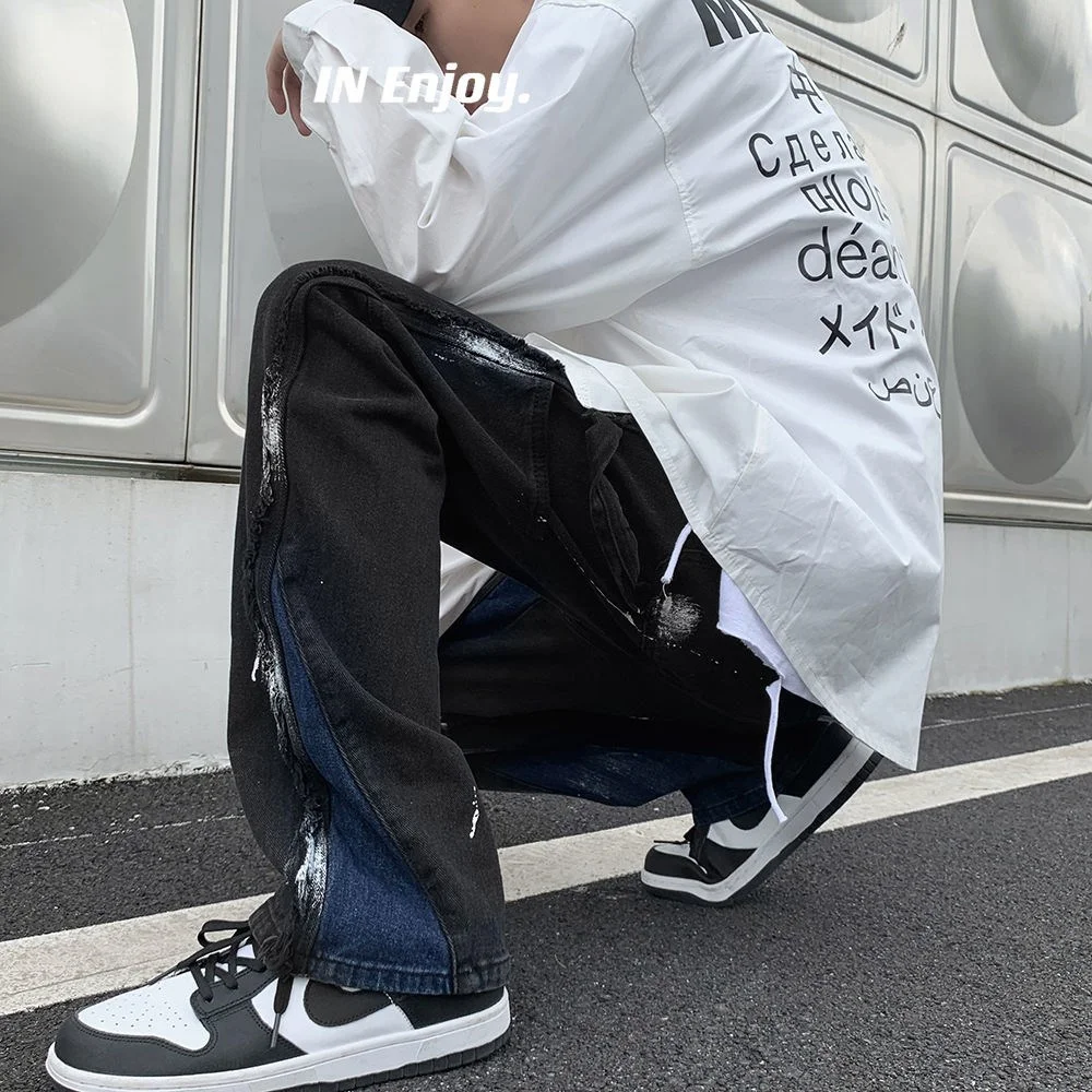 high street pants American skateboard washed splash jeans men's floor streetwear hiphop Panic buying denim men | Мужская одежда