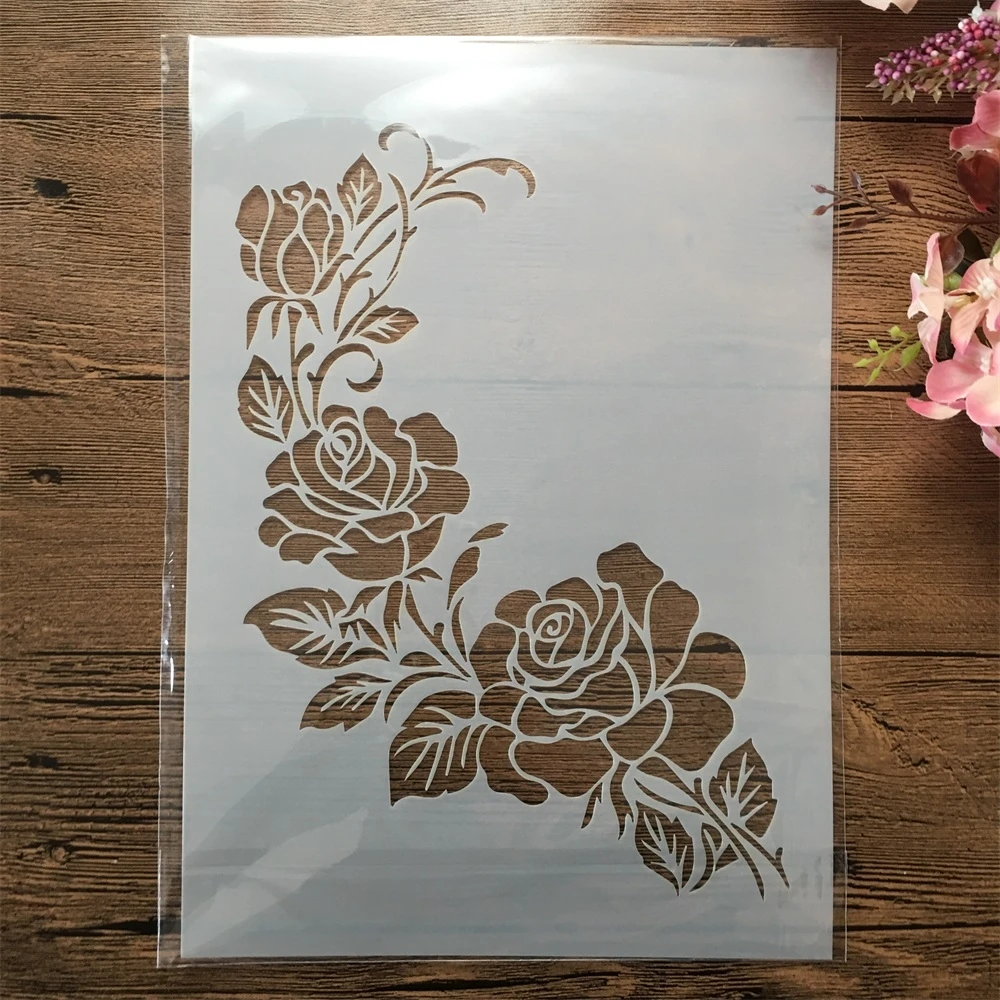

A4 29cm A Branch of Rose Flower DIY Layering Stencils Wall Painting Scrapbook Embossing Hollow Embellishment Printing Lace Ruler