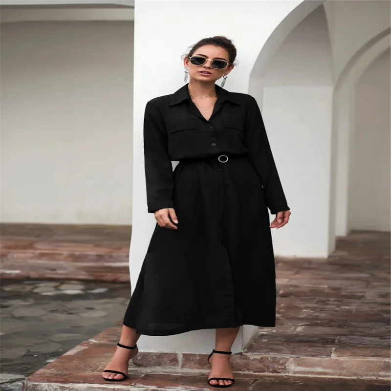 

2020 Fashion hot sale Elegant Womens Dress Fashion Solid Color Button Pocket Dress Office Lady Seven Sleeve Dress New Autumn