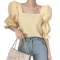 2021 summer new korean slim and exposed clavicle design feeling pleated square neck bubble sleeve chiffon shirt women