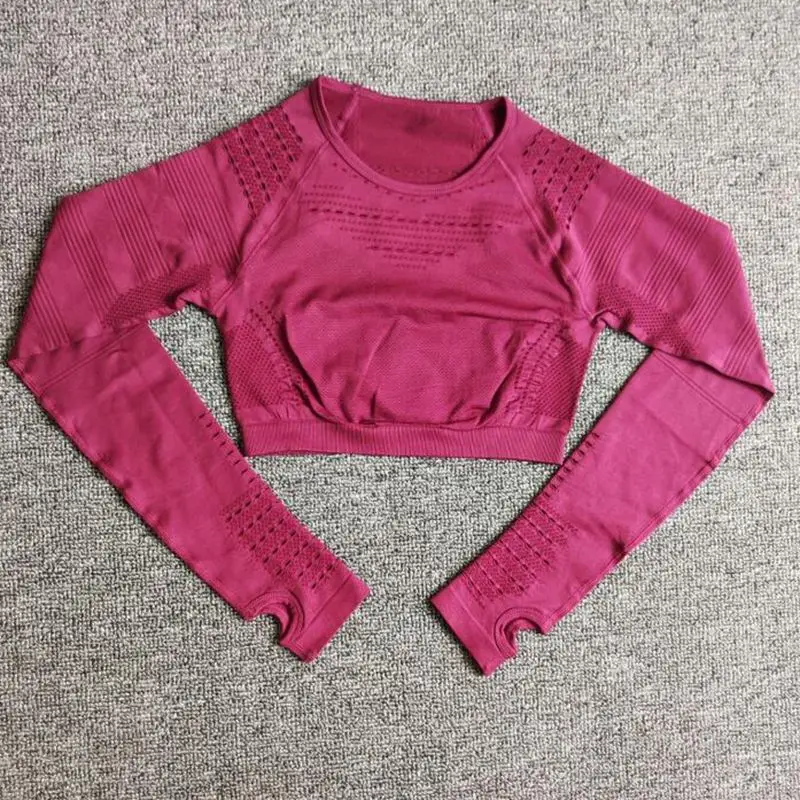 Wine red Новые горячие женские бесшовные полые сетчатые тонкие спортивные рубашки для йоги топы с длинными рукавами энергетическая Йога Спорт фитнес тренажерный зал тренировки футболки - Цвет: Wine red