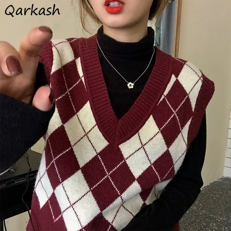 

Sweater Vests Women Slim Retro Y2k Preppy Style Fit V-neck Casual Crops Harajuku Inside Streetwear Soft College Knitwear Argyle
