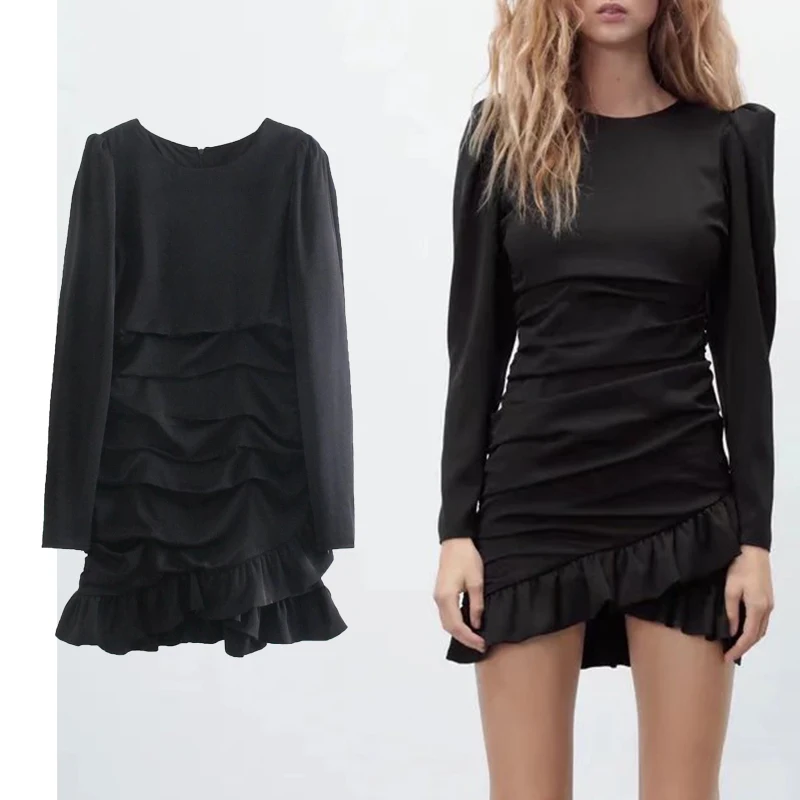 

Женское мини-платье с каскадными оборками, однотонное элегантное вечернее платье с круглым вырезом и длинным рукавом, Женский винтажный Мо...