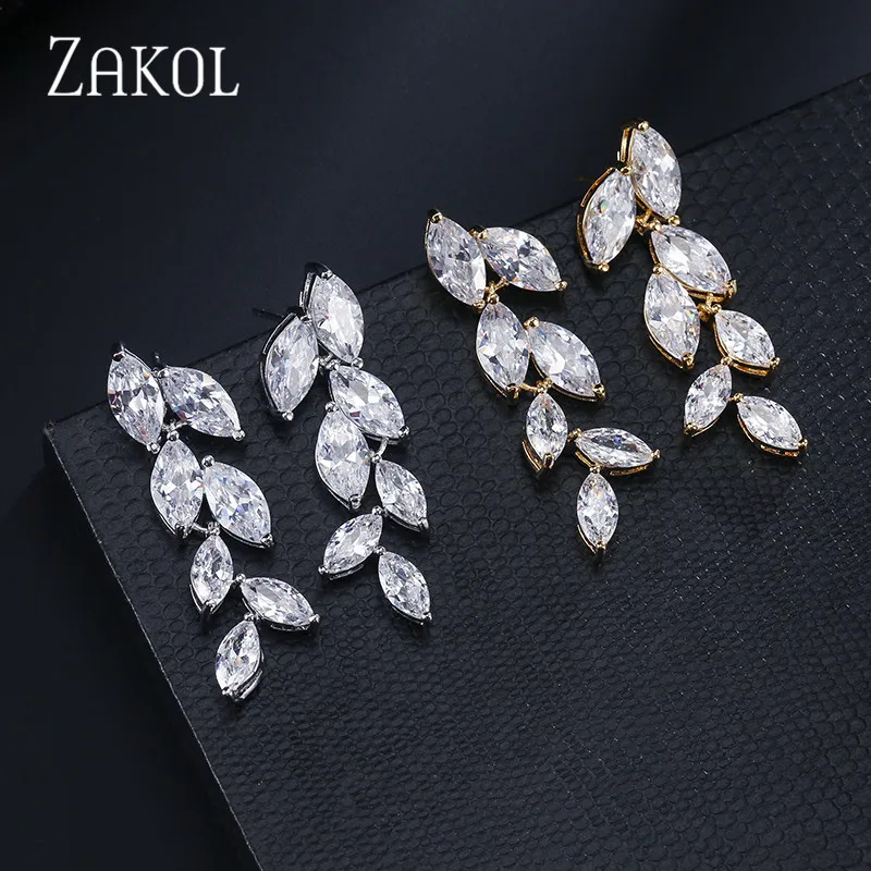 ZAKOL Fashion Marquise Cut White AAA CZ Zircon Crystal Drop Earrings for Women Gold Color Leaf Wedding Jewelry FSEP512 | Украшения и