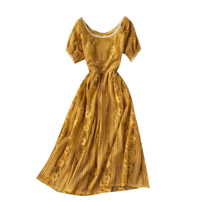 

2021 Spring New Fashion Sweet Lace Dress O-Neck Waist Slim Fit Mid-length French Puff Short Sleeve Female Vestidos C057