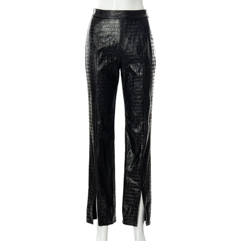 

Women High Waist Faux Leather Black Straight Pants Harajuku Snakeskin Texture Slit Hem Wide Leg Long Trousers Streetwear