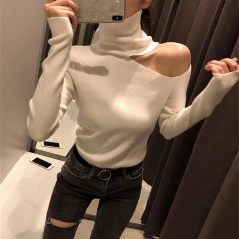 

women's Knitted Sweater Off Shoulder Pullovers Sweater for Women Long Sleeve Turtleneck Female Jumper Black White Sexy Clothing