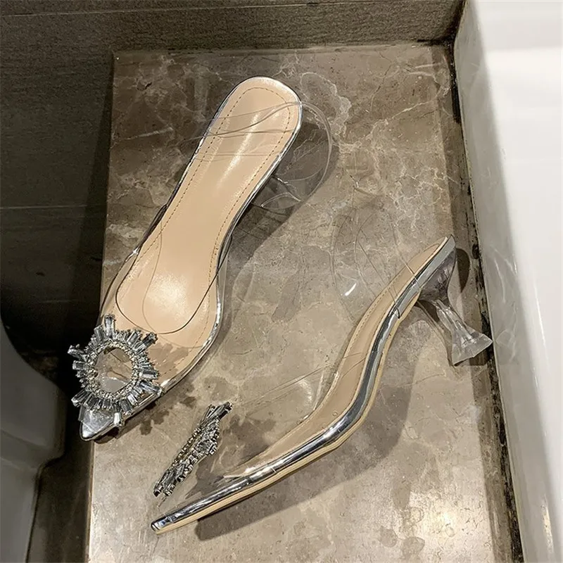 Туфли-лодочки женские прозрачные высокий каблук заостренный носок без застежек