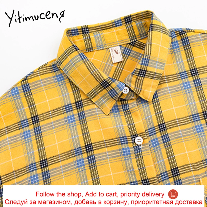 

Yitimuceng Blouse Women Pocket Plaid Shirts Vintage Long Sleeve Loose Style Clothing Office Lady Spring Elegant Fashion New Top