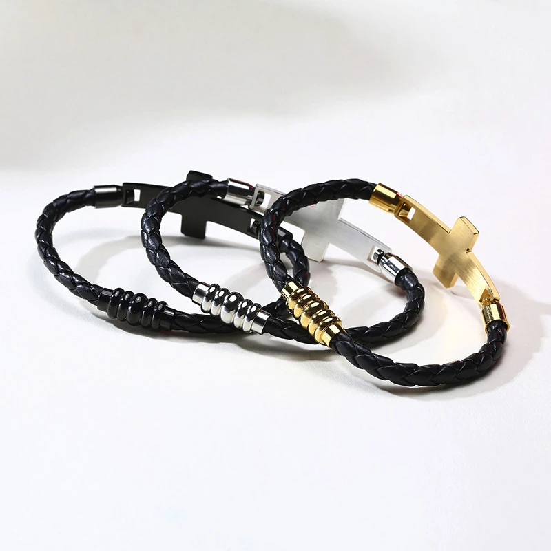 Мужские плетеные кожаные браслеты для мужчин золотой крест браслет модные