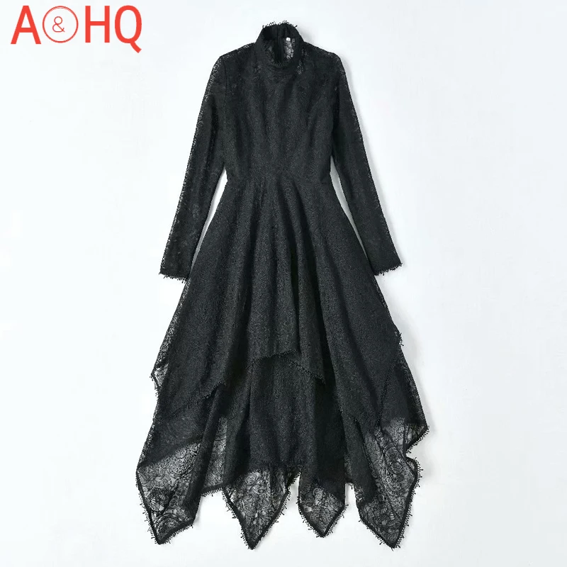 

Long Dress Runway High Quality Spring Autumn New Women'S Elegant Water Soluble Lace Embroidery Asymmetric Fashion Party Dresses