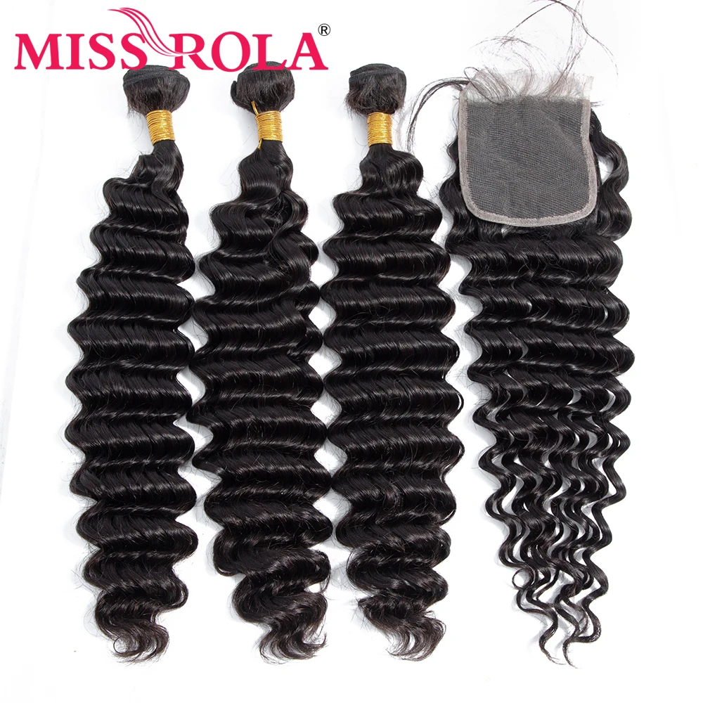 Miss Rola Hair Brazilian Deep Wave 3 Bundles With Closure Natural Color 100% Human Hair 8-30 Inches Remy Hair Extensions