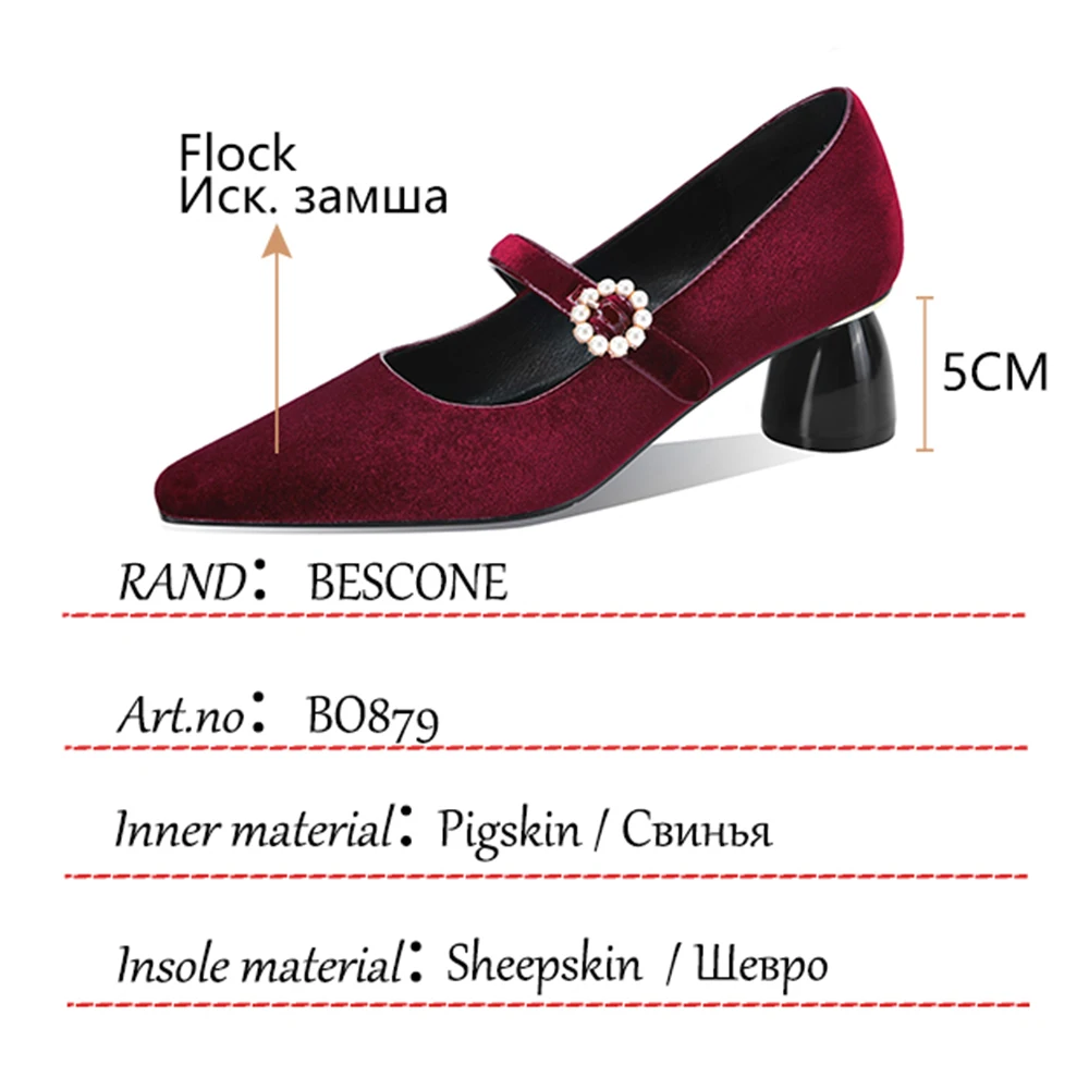 

BESCONE Women Pumps Leisure Red Wine Pearl Mary Janes Premium Leather Handmade Shoes Round Heel Mature Office Lady Shoes BO879