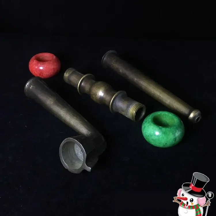 Vintage Pure copper Pipe Antique inlay red green jade archaic article collection | Дом и сад