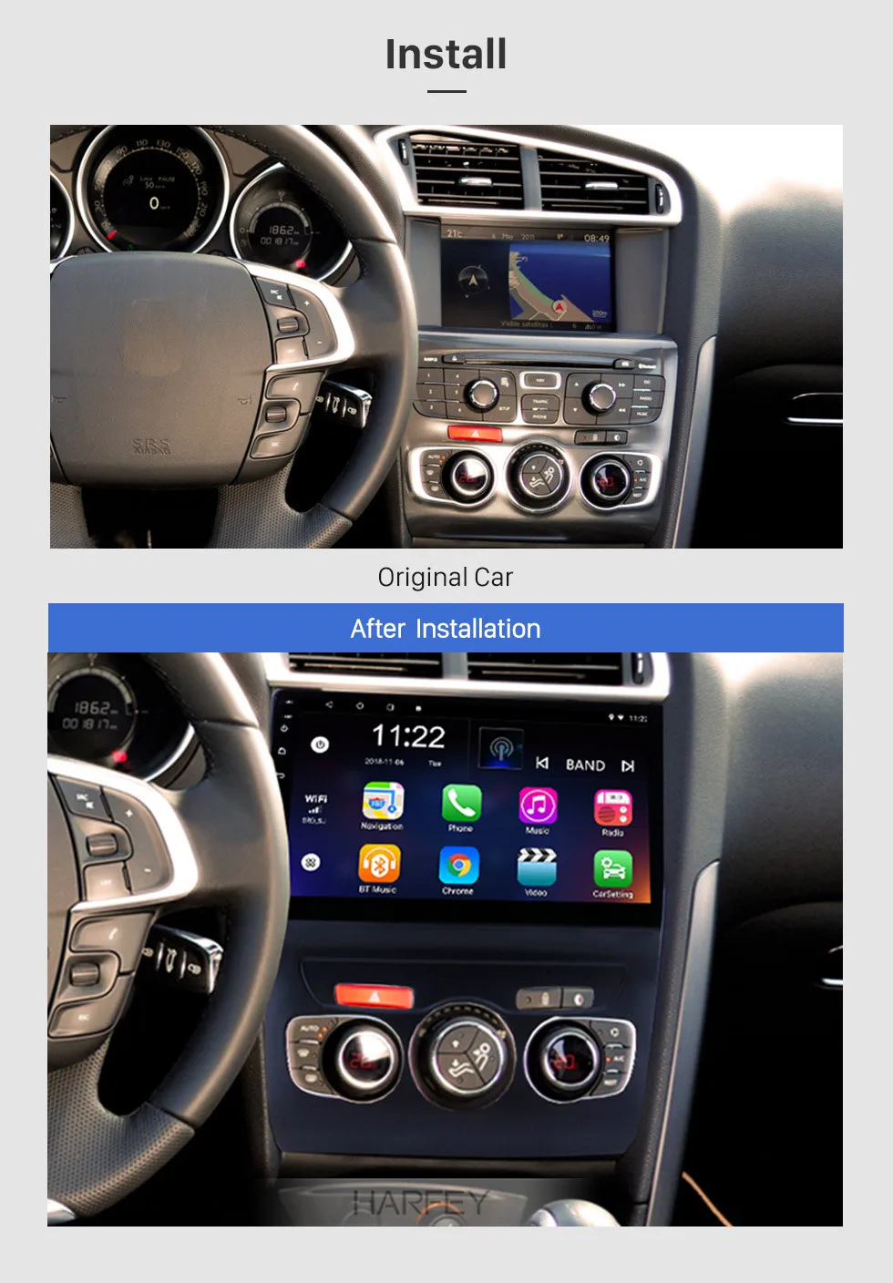 Harfey gps 10,1 дюймов Автомобильный Радио мультимедийный плеер Android 9,0 для 2013 Citroen C4 головное устройство Поддержка камеры резервного копирования
