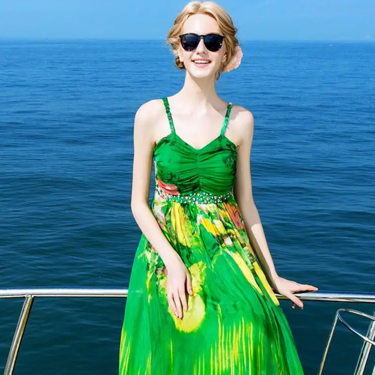 

New Fashion Lady Shell 100% Silk Dress Summer Beach Dress Women Green Print Dresses Long