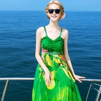 new fashion lady shell 100 silk dress summer beach dress women green print dresses long